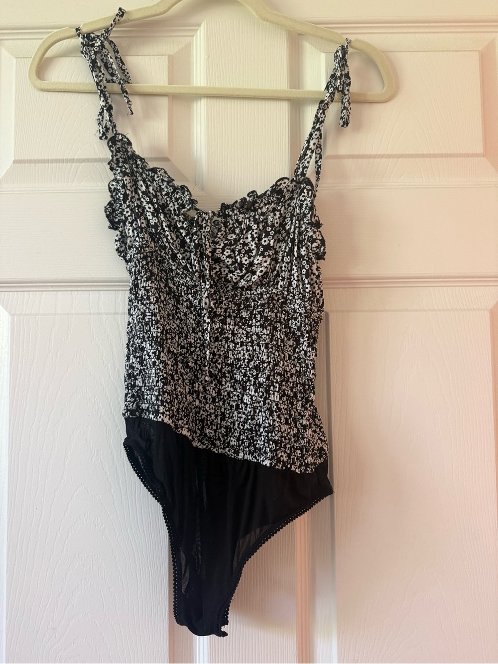 Free People Black & White Floral Tie-Shoulder Bodysuit